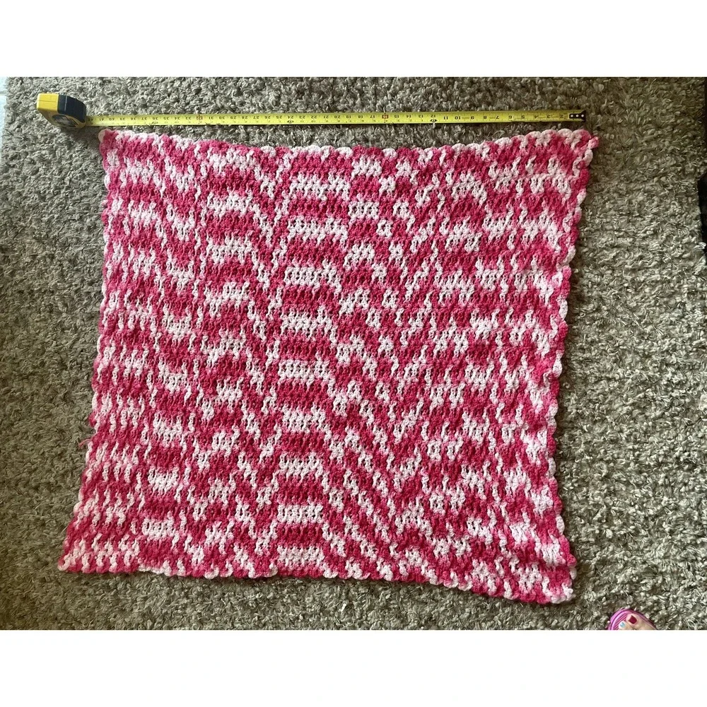 Handmade Crochet Baby Blanket Pink White Variegated Wave Pattern 34x34 Square